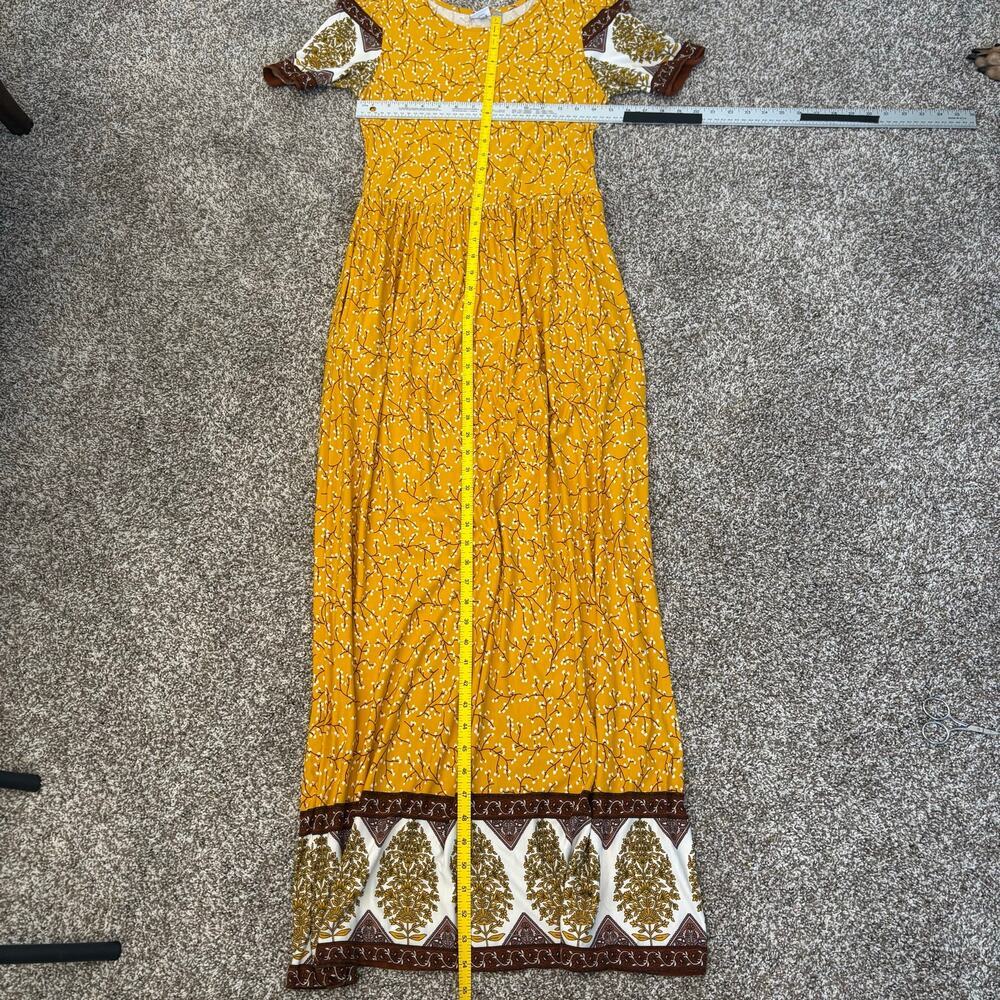 Loscana Mustard Yellow Floral Border Print Maxi Dress Short Sleeve S Cottagecore - Picture 5 of 9